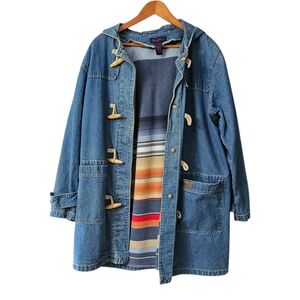 Vintage Denim & Co Denim Jacket Coat Size 2X Toggles Stripes Fleece Lining Hood